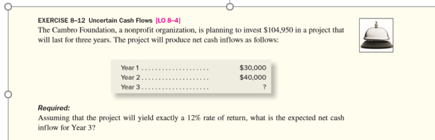 Please add Microsoft excel formulas with answer please EXERCISE 8-12 Uncertain Cash