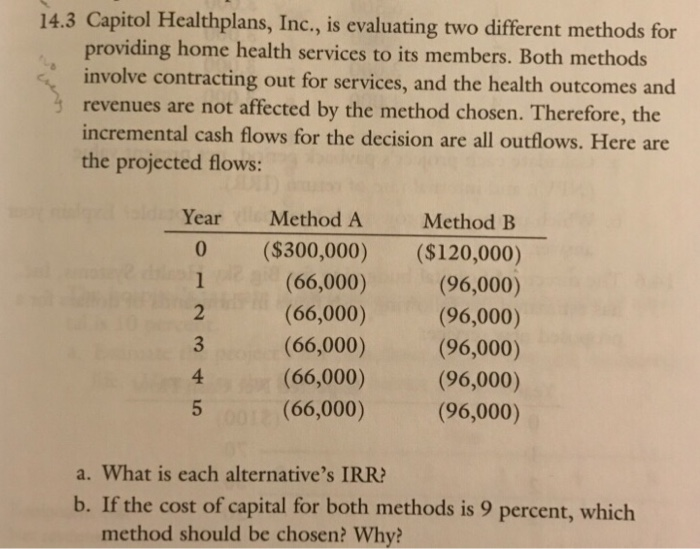  14.3 Capitol Healthplans, Inc., is evaluating two different methods for providing