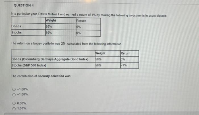  QUESTION 4 In a particular year, Rawls Mutual Fund earned a