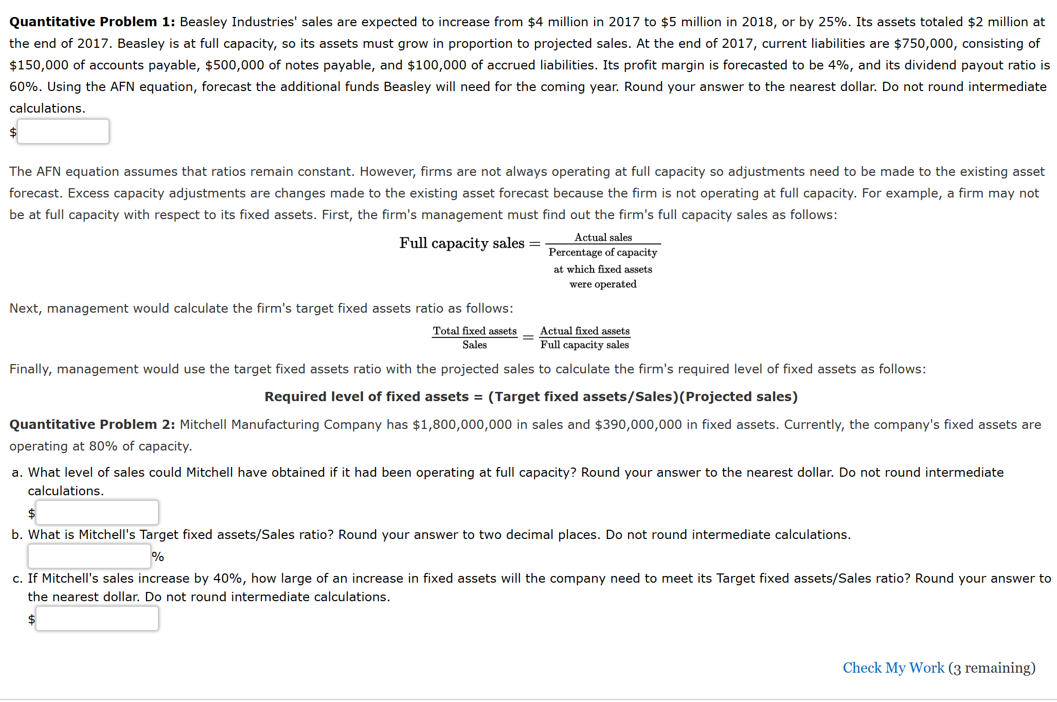Quantitative Problem 1: Beasley Industries' sales are expected to increase from
