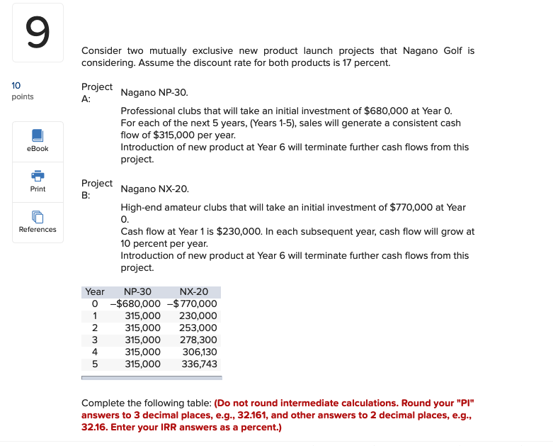  9 Consider two mutually exclusive new product launch projects that Nagano