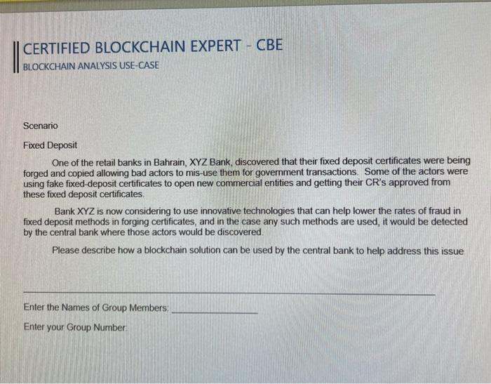 IICERTIFIED BLOCKCHAIN EXPERT - CBE BLOCKCHAIN ANALYSIS USE-CASE Scenario Fixed Deposit