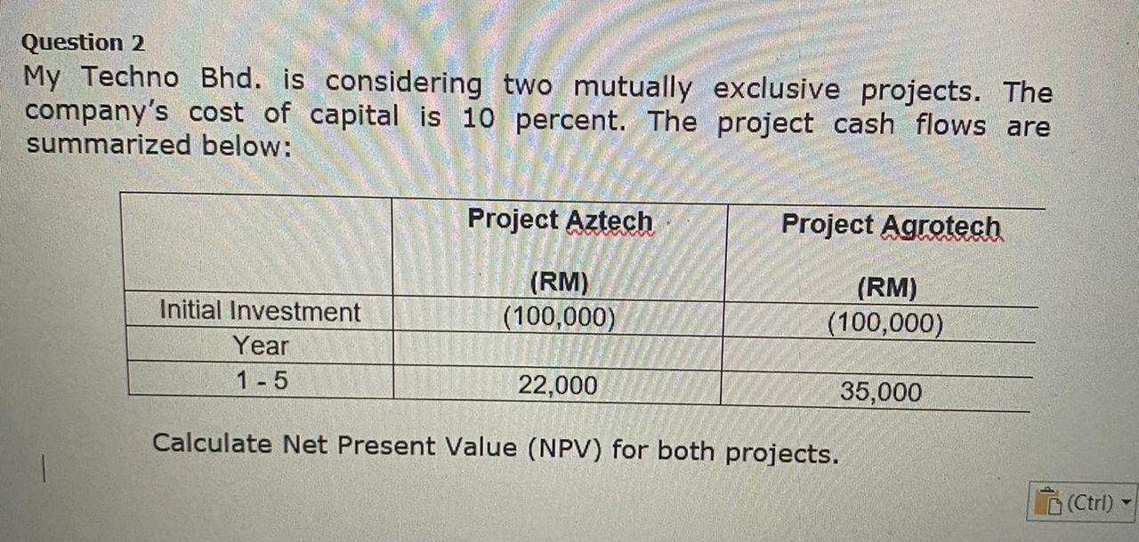  Question 2 My Techno Bhd. is considering two mutually exclusive projects.