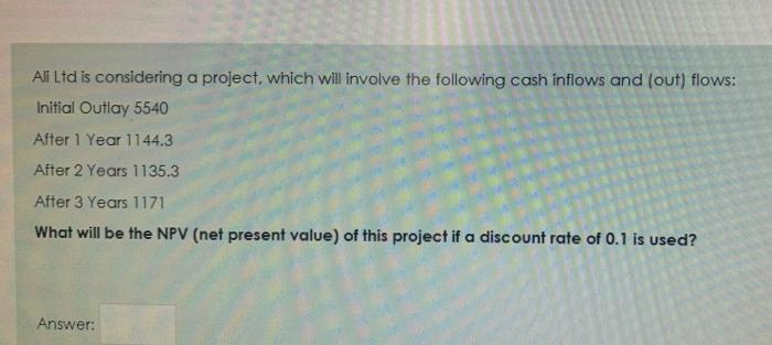  All Ltd is considering a project, which will involve the following