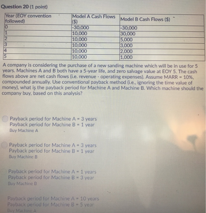  Question 20 (1 point) Model A Cash Flows Model B Cash