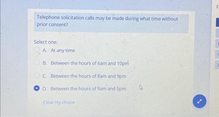  Telephone solicitation calls may be made during what time without prior