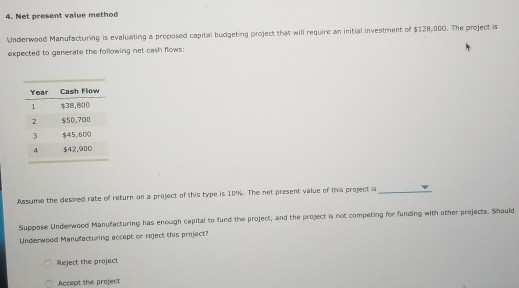  4. Net present value method Underwood Manufacturing is evaluating a proposed