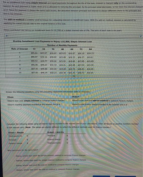  for an installment loan using simple interest and equal payments throughout