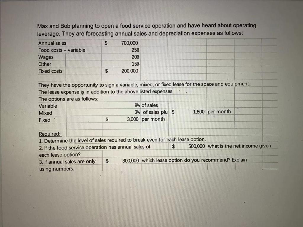  please include Explanations. Max and Bob planning to open a food