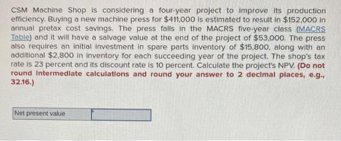 Help Please CSM Machine Shop is considering a four-year project to improve