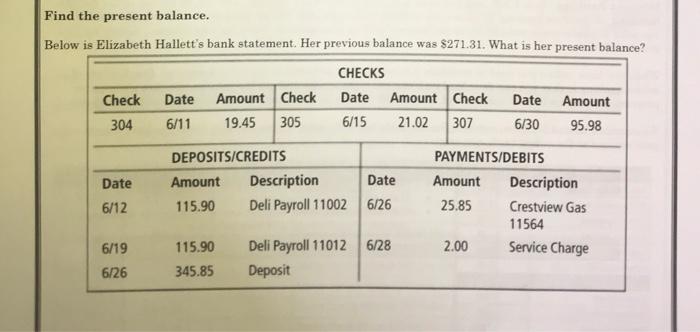  Find the present balance. Below is Elizabeth Hallett's bank statement. Her