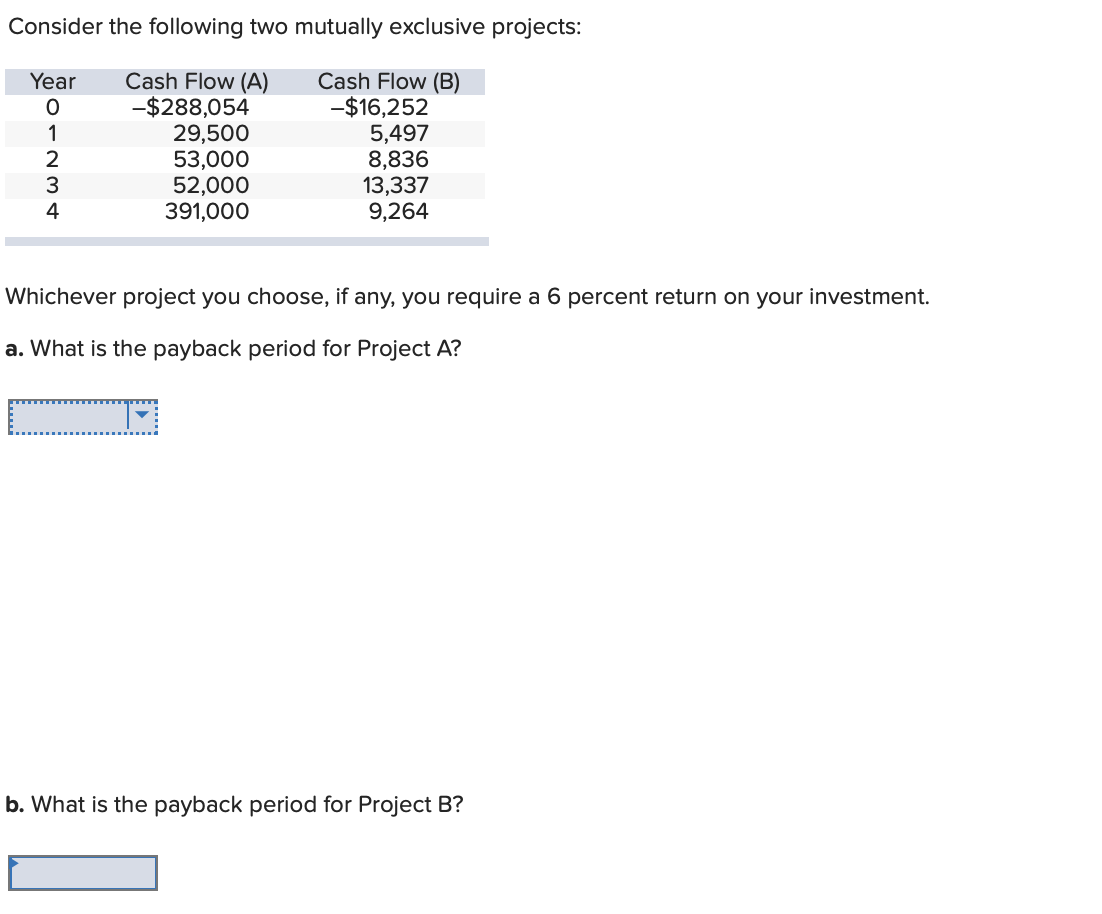 Consider the following two mutually exclusive projects: Year 0 1 2