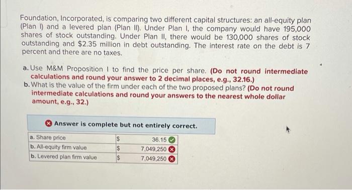  Foundation, Incorporated, is comparing two different capital structures: an all-equity plan