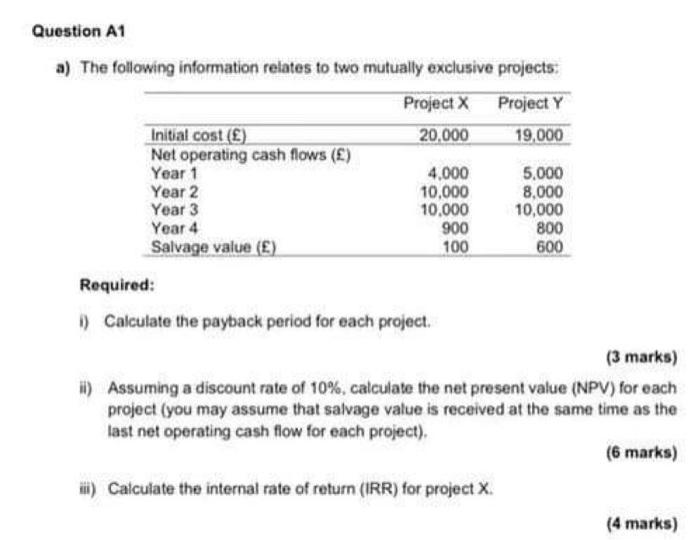  Question A1 a) The following information relates to two mutually exclusive