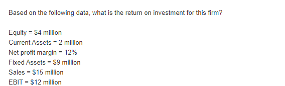  Based on the following data, what is the return on investment
