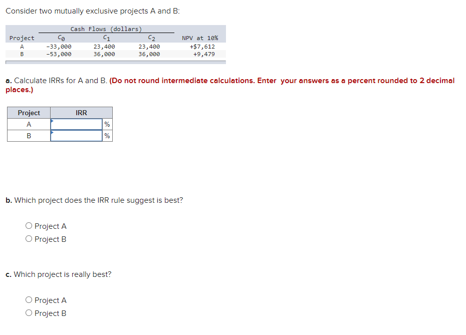  Consider two mutually exclusive projects A and B: Project A B