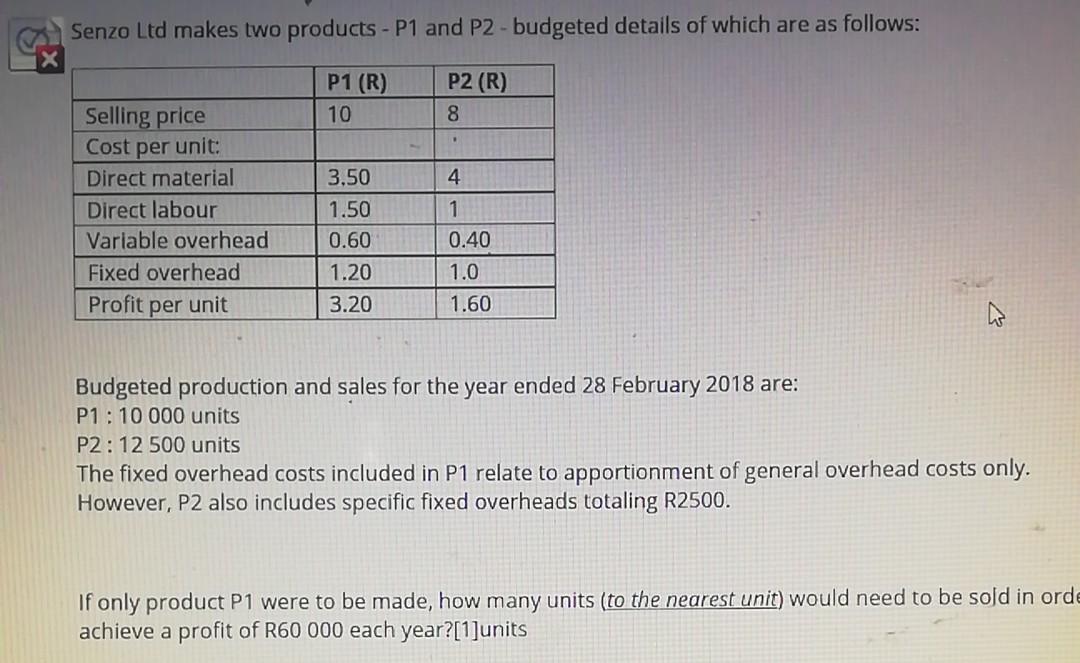  Senzo Ltd makes two products - P1 and P2 - budgeted