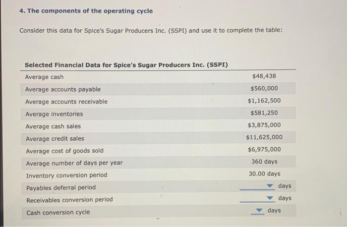 4. The components of the operating cycle Consider this data for