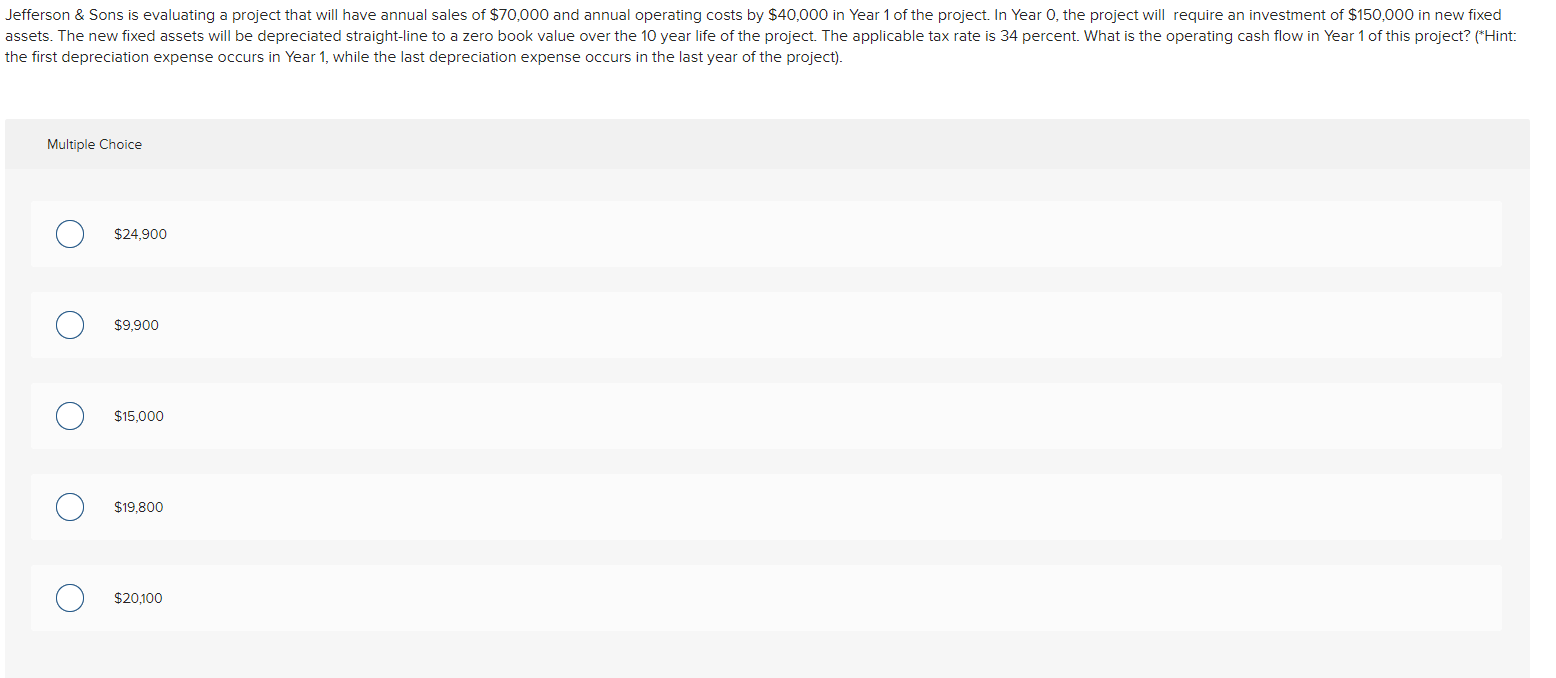  Jefferson & Sons is evaluating a project that will have annual