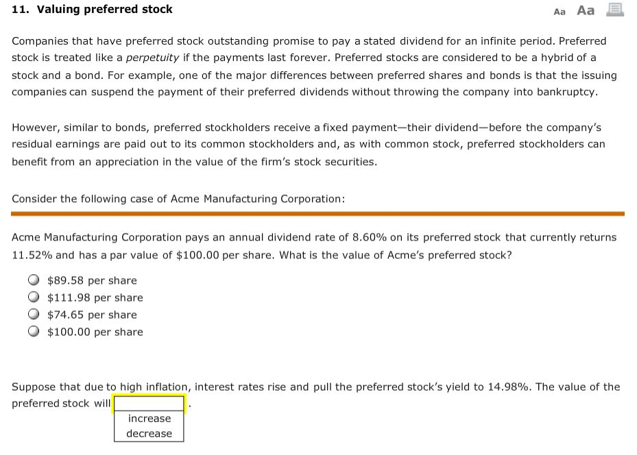 Please write clearly! 11. Valuing preferred stock Aa Aa Companies that have