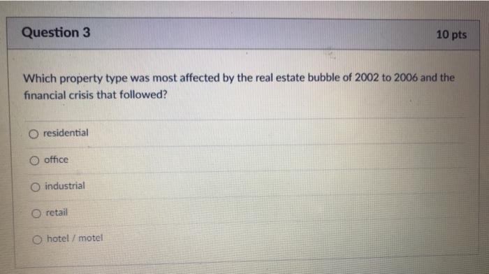  Question 3 10 pts Which property type was most affected by
