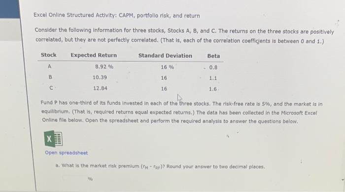  Excel Online Structured Activity: CAPM, portfollo risk, and return Consider the