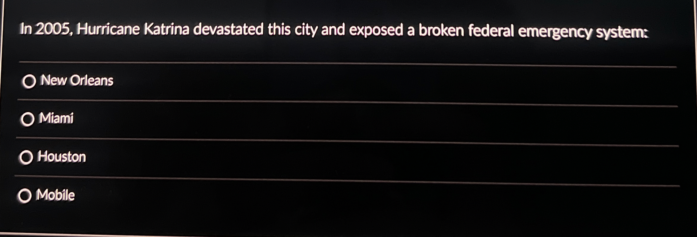  In 2005, Hurricane Katrina devastated this city and exposed a broken