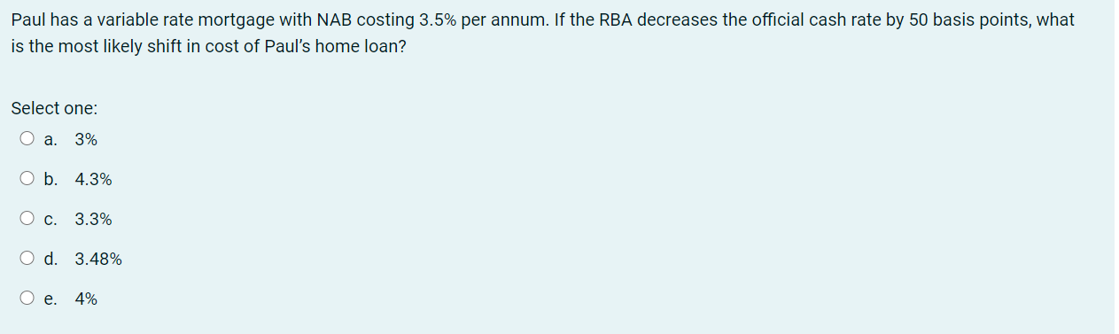  Paul has a variable rate mortgage with NAB costing 3.5% per