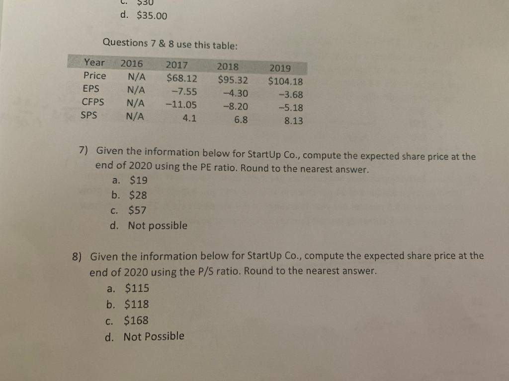 Question 8 d. $35.00 Questions 7 & 8 use this table: Year