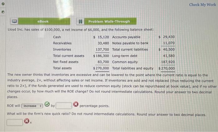 Check My Work B Total current assets eBook Problem Walk-Through Lloyd