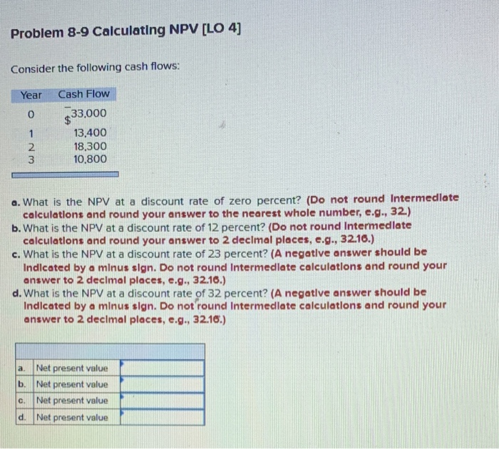 Problem 8-9 Calculating NPV [LO 4] Consider the following cash flows: