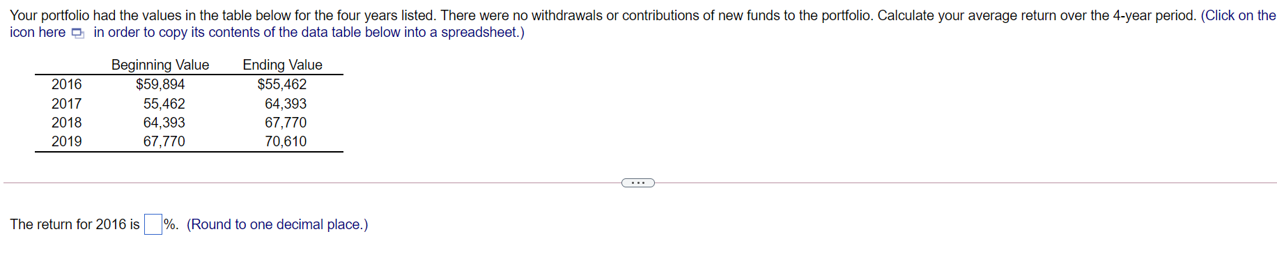  Your portfolio had the values in the table below for the