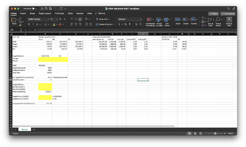 1. Using P/E and EV/EBITDA multiple, estimate a fundamental value of Walmart.