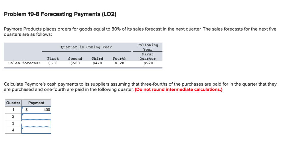 Problem 19-8 Forecasting Payments (LO2) Paymore Products places orders for goods equal