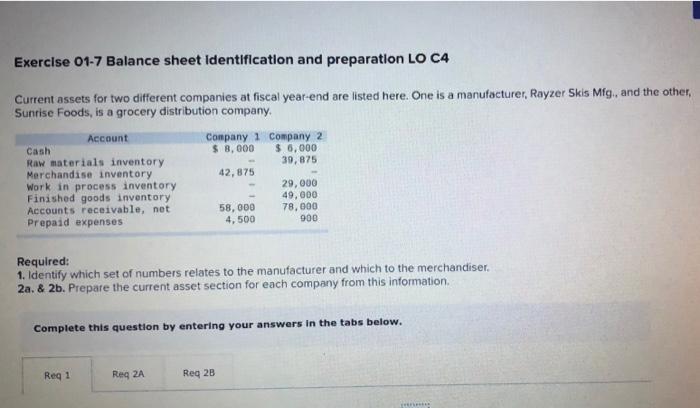  Exercise 01-7 Balance sheet Identification and preparation LO C4 Current assets