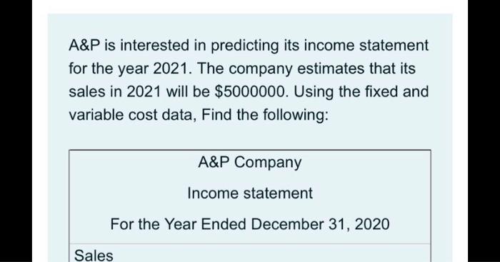  A&P is interested in predicting its income statement for the year