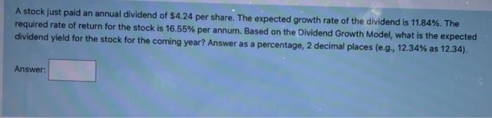 and similar) tysm! Use the Dividend Growth Model to compute the expected