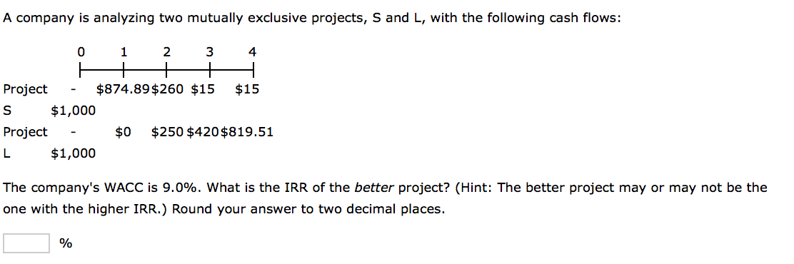 A company is analyzing two mutually exclusive projects, S and L,