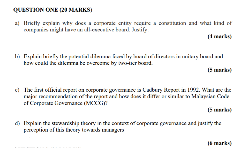 QUESTION ONE (20 MARKS) a) Briefly explain why does a corporate