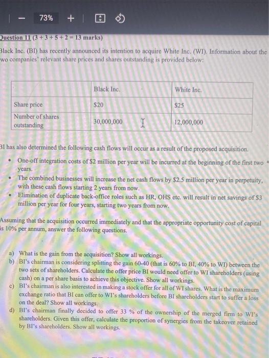 73% Question 11 (3 + 3 +5+2= 13 marks) Black Inc