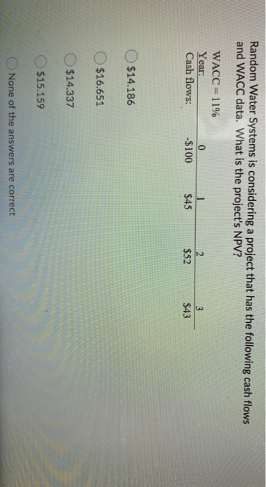  Random Water Systems is considering a project that has the following