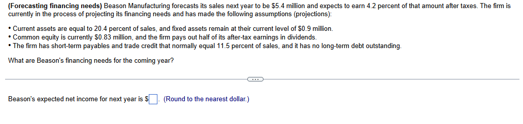  (Forecasting financing needs) Beason Manufacturing forecasts its sales next year to