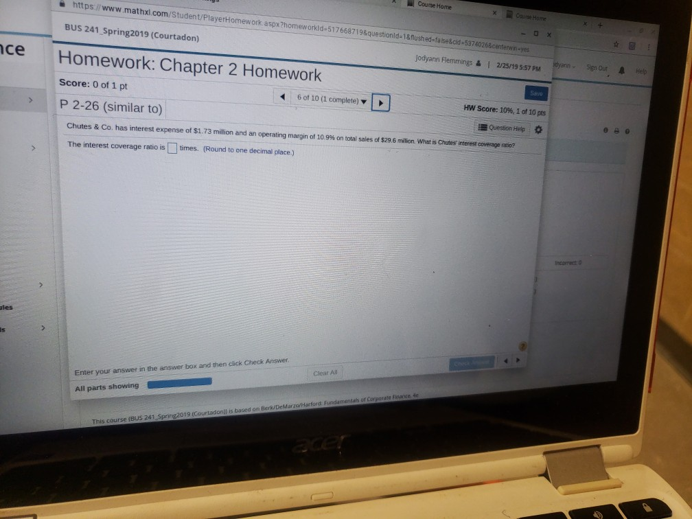  Course Home https BUS 241 Spring2019 (Courtadon) Homework: Chapter 2 Homework