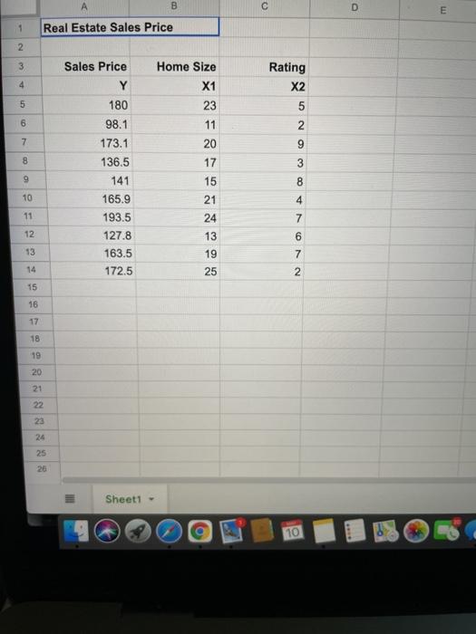 estate agency collects the data concerning y = sales price of a
