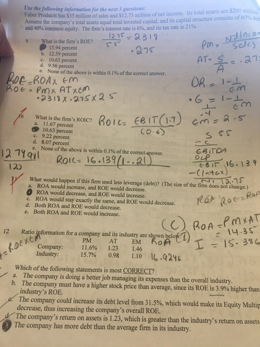 formulas especially for firm's ROIC Use the following information for the next