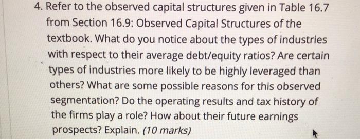  4. Refer to the observed capital structures given in Table 16.7