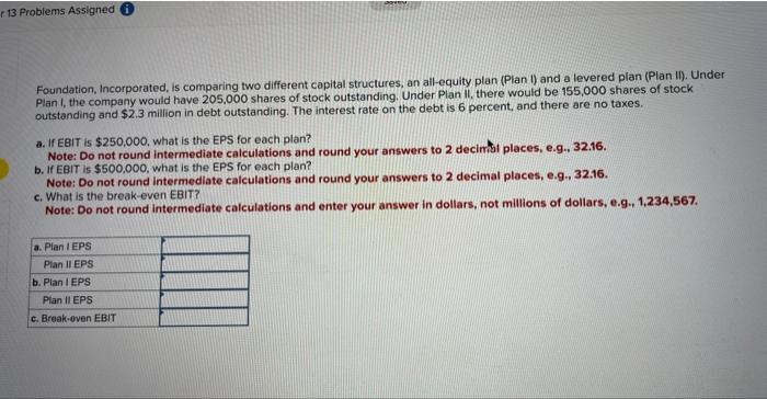  Foundation, Incorporated, is comparing two different capital structures, an all-equity plan