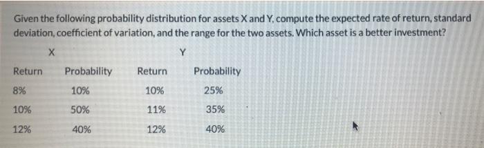  standard deviation Given the following probability distribution for assets X and
