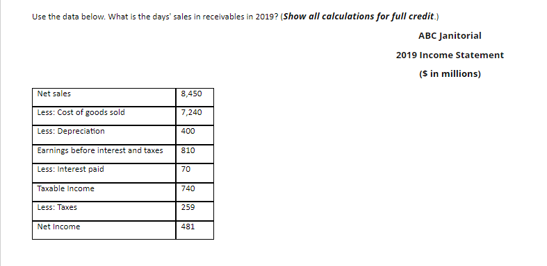 Urgent help pleaseeeee.............. Use the data below. What is the days' sales