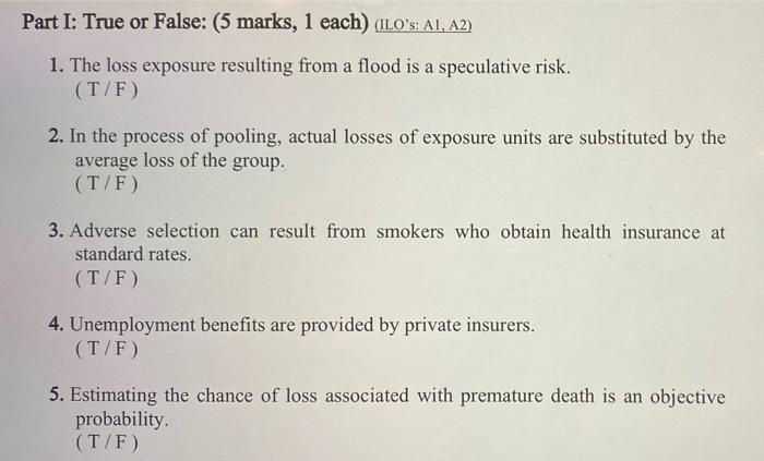  Part I: True or False: (5 marks, 1 each) (ILO's: A1,